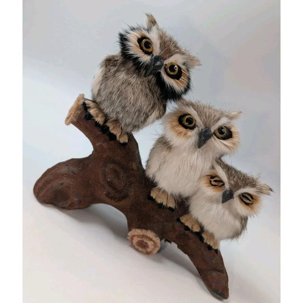 Rustic Owl Figurine Trio on Wood Branch Base Cabin Decor 3 Owls Folk Art